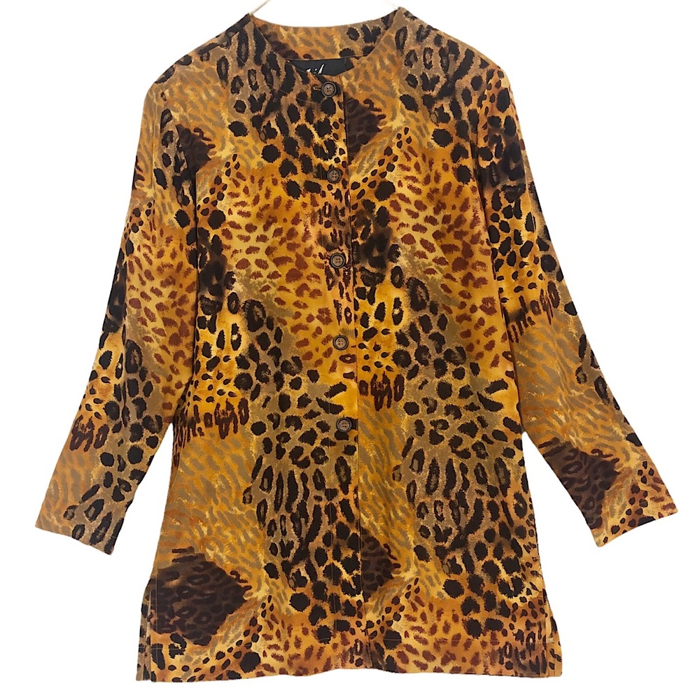 VINTGe Peter Nygard Silk Wildcat Leopard Print Long Sleeve Button Up Tunic